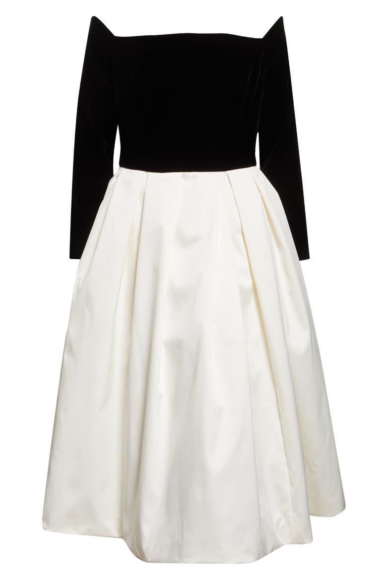 Off the Shoulder Long Sleeve Velvet & Satin Midi Dress, Alternate, color, BLACK/ WHITE