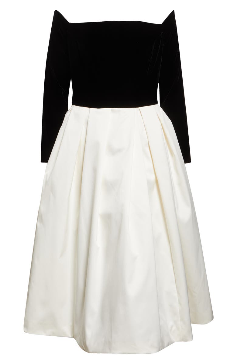 Carolina Herrera Off the Shoulder Long Sleeve Velvet & Satin Midi Dress, Alternate, color, Black/ White