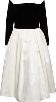Carolina Herrera Off the Shoulder Long Sleeve Velvet & Satin Midi Dress