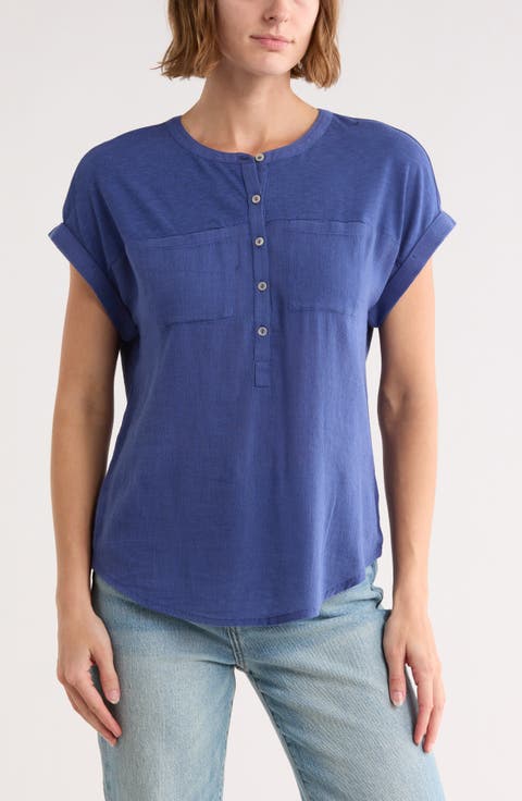Mixed Media Short Sleeve Cotton Henley Top