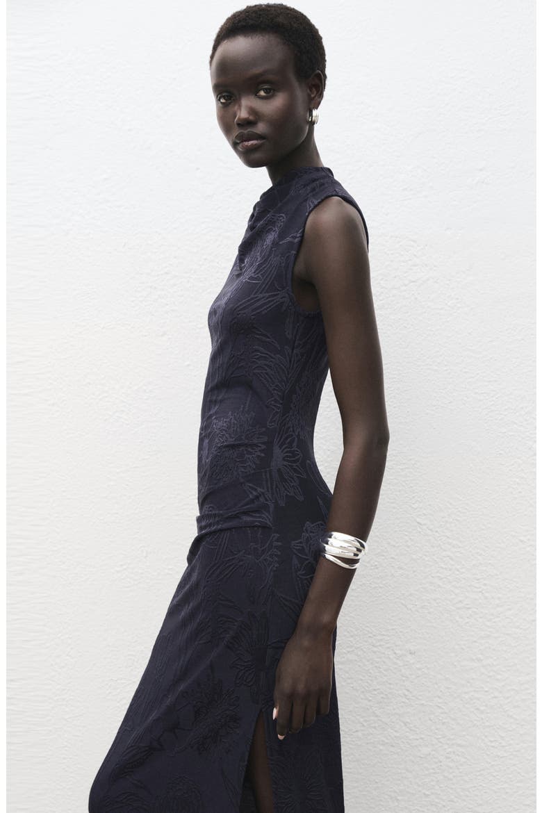 Draped Embroidered Sleeveless Midi Dress, Alternate, color, NAVY
