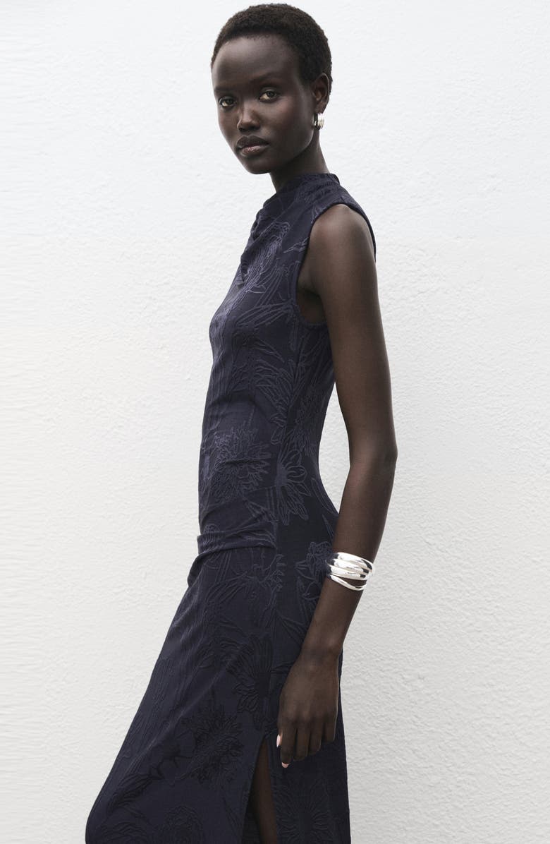 MANGO Draped Embroidered Sleeveless Midi Dress, Alternate, color, Navy