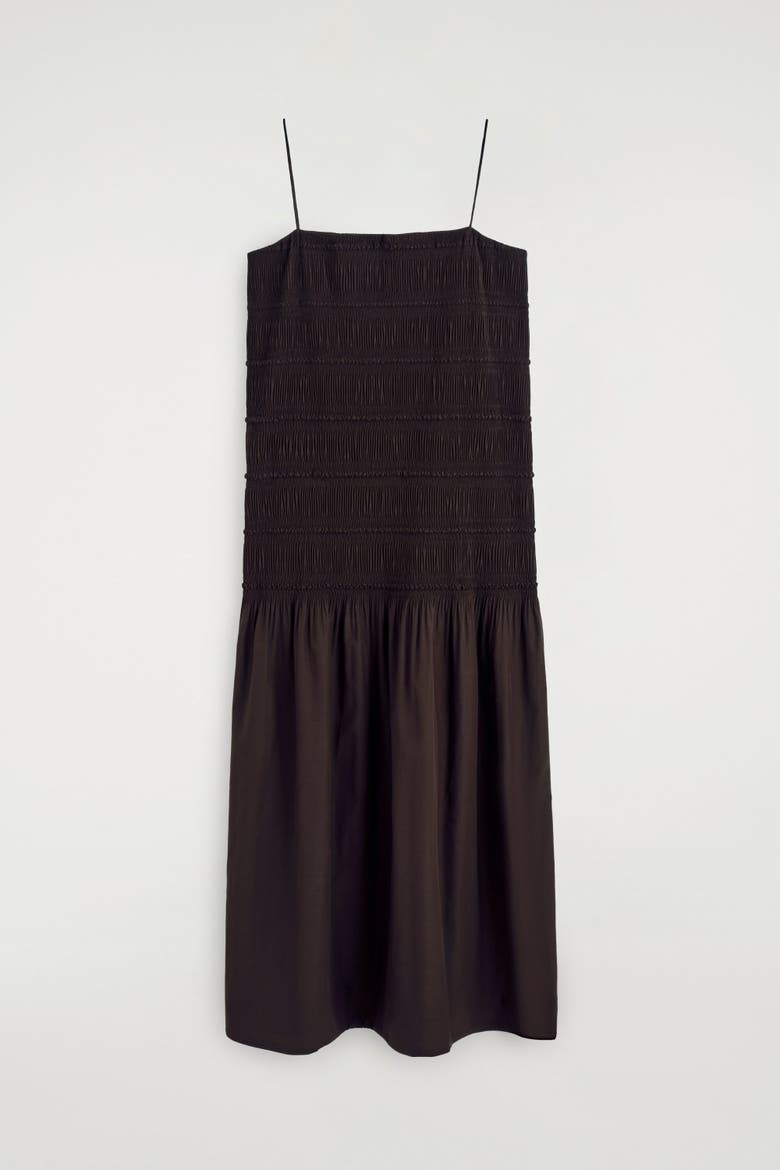 Ruched Dropped-waist Poplin Midi Dress, Alternate, color, DARK BROWN