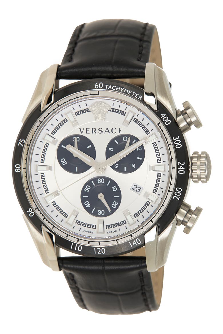 Men's Tachymeter Croc Embossed Leather Strap Watch, 44mm, Main, color, STAINLESS STEEL