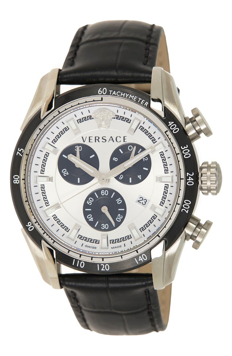 Versace Men's Tachymeter Croc Embossed Leather Strap Watch, 44mm, Main, color, Stainless Steel