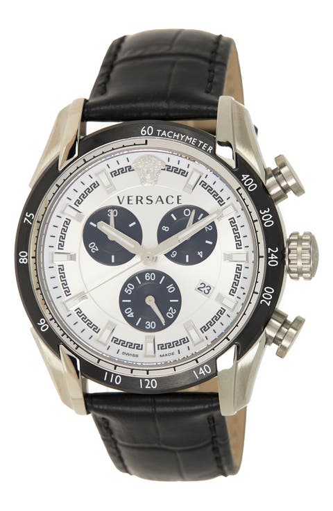 Men's Tachymeter Croc Embossed Leather Strap Watch, 44mm