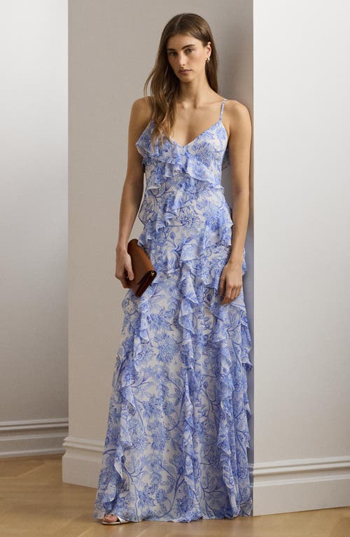 Ralph Lauren Floral Ruffle-trim Georgette Gown In Blue