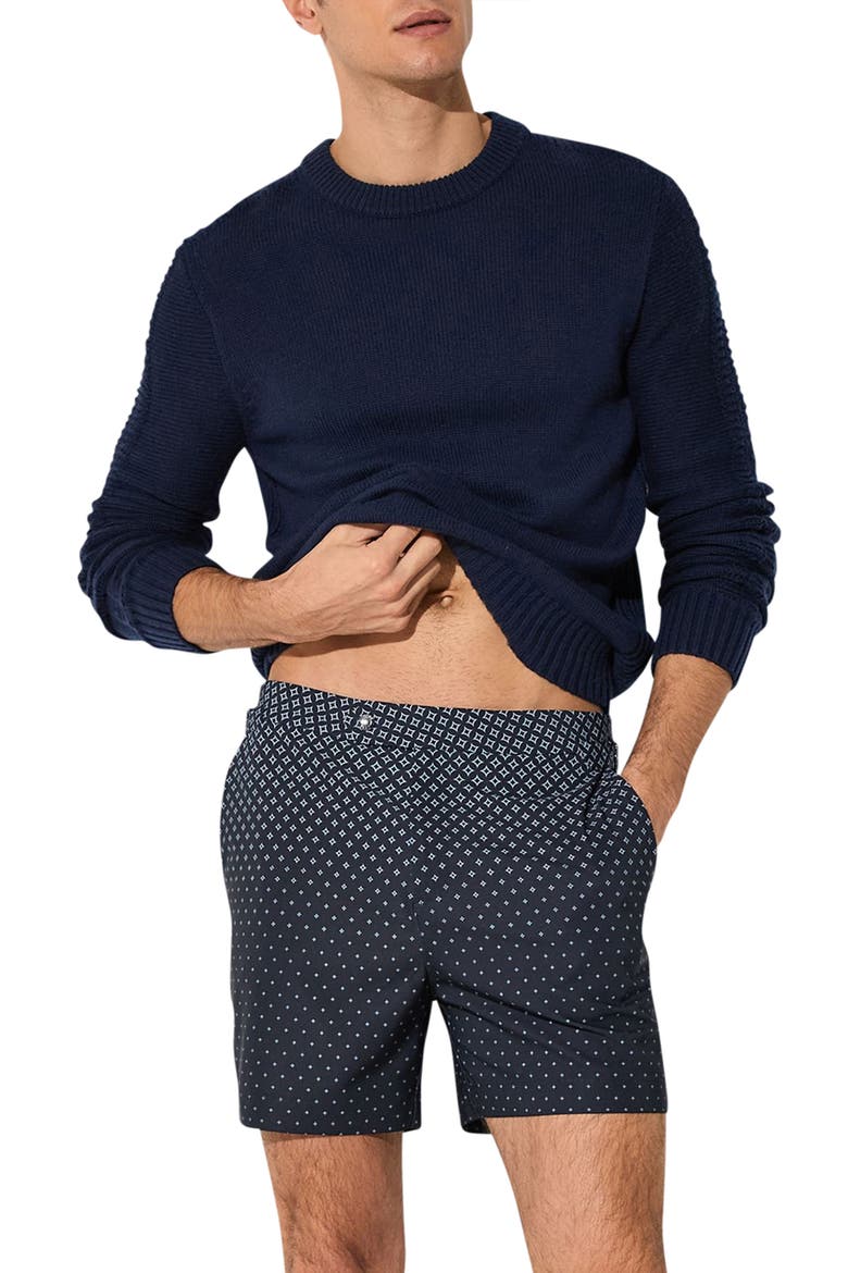 Darli Gradient Geo Print Side Adjuster Swim Trunks, Main, color, NAVY