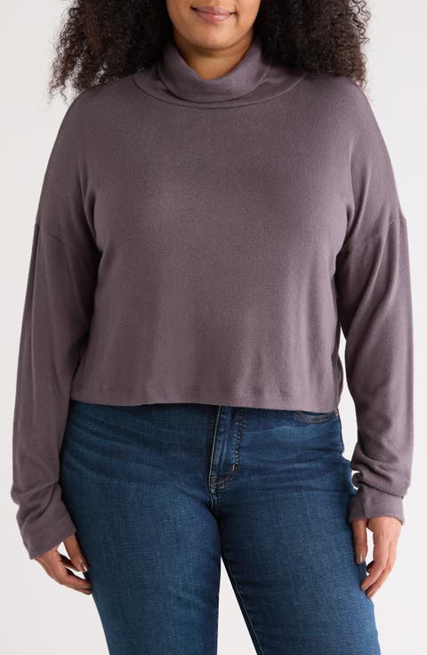 Cowl Neck Long Sleeve Brushed Knit Crop Top (Plus)