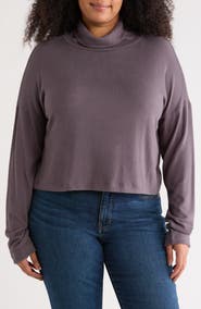 Renee C Cowl Neck Long Sleeve Brushed Knit Crop Top