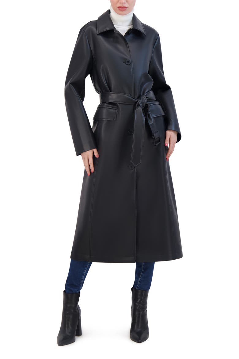 Belted Faux Leather Trench, Main, color, BLACK