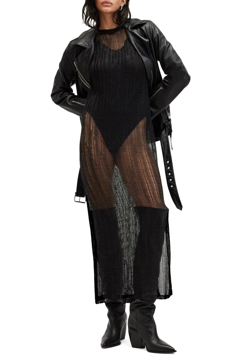 AllSaints Giana Open Knit Maxi Sweater Dress, Alternate, color, Black