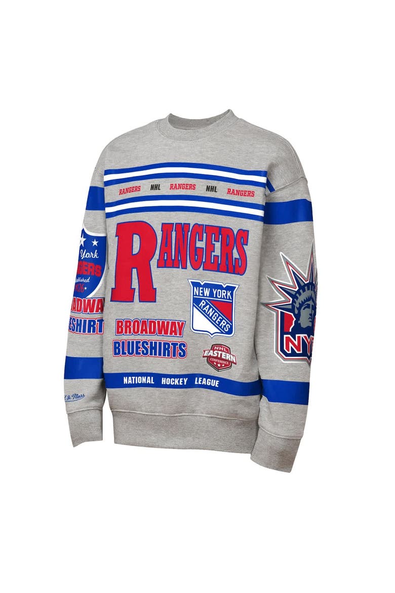 Youth Mitchell & Ness Heather Gray New York Rangers Allover Print Fleece Crewneck Sweatshirt, Alternate, color, Heather Gray