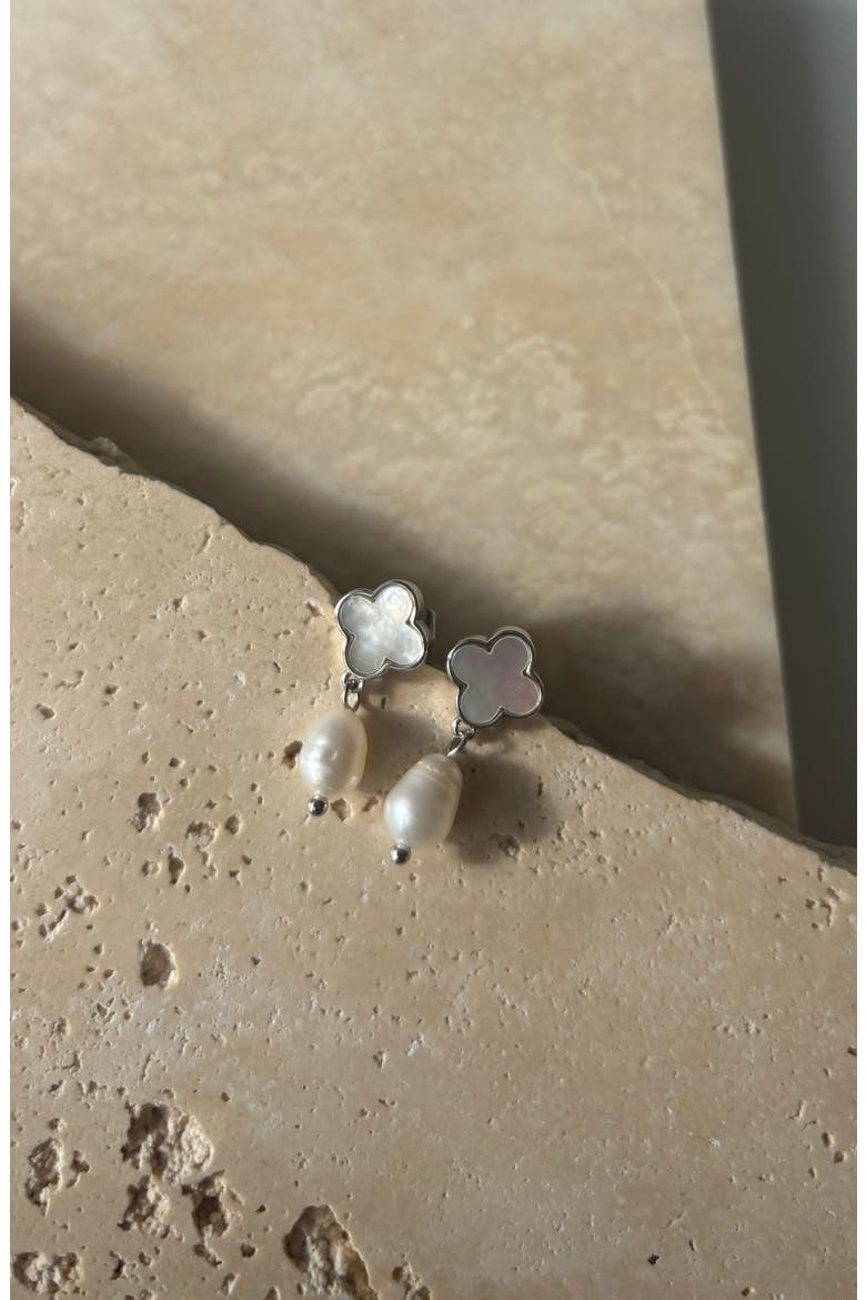 Mother-of-Pearl Clover & Faux Pearl Earrings, Alternate, color, SILVER-WHITE