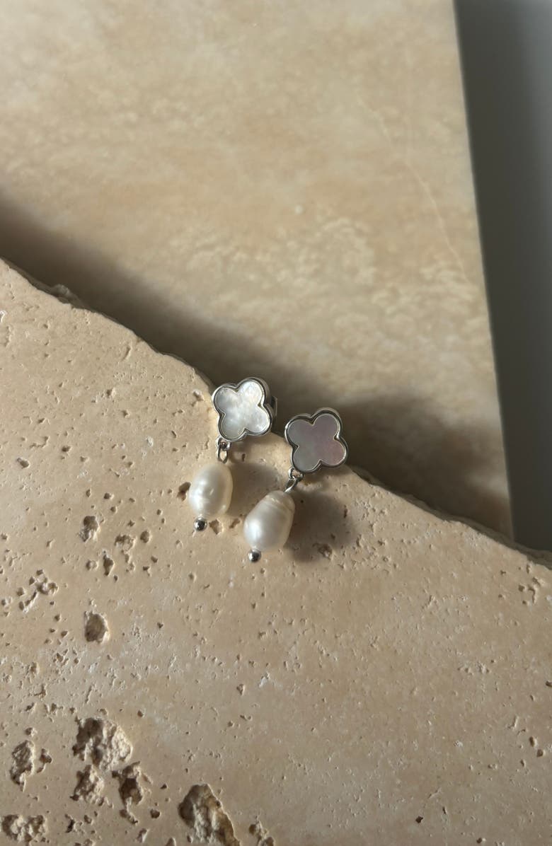 Adornia Mother-of-Pearl Clover & Faux Pearl Earrings, Alternate, color, Silver-White