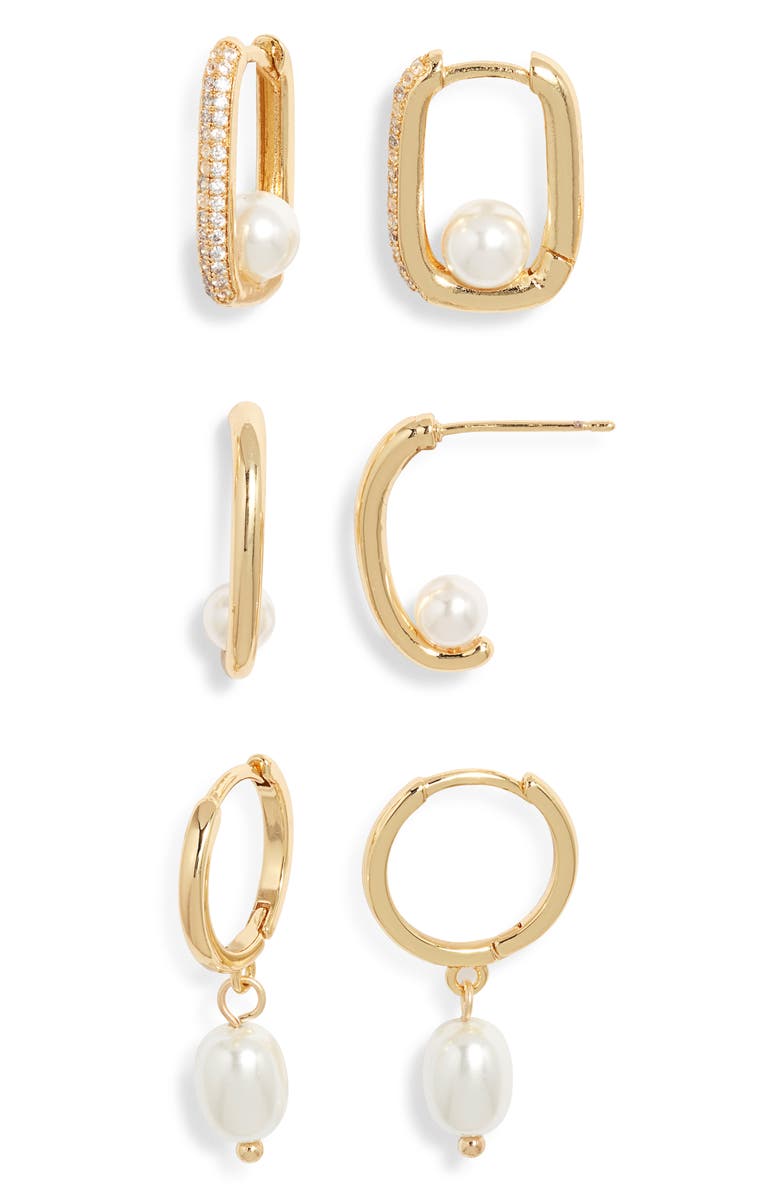 Nordstrom Set of 3 Assorted Freshwater Pearl Huggie Hoop Earrings, Main, color, 14K Gold Plated