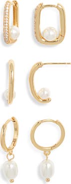 Nordstrom Set of 3 Assorted Freshwater Pearl Huggie Hoop Earrings