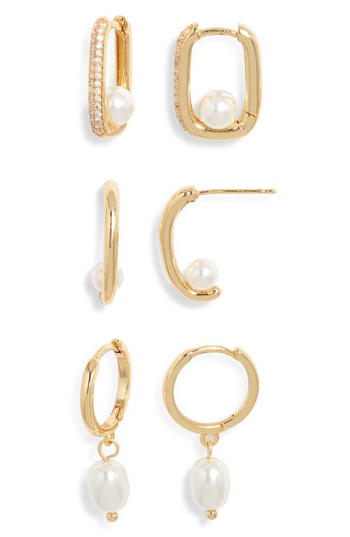 Nordstrom Set Of 3 Assorted Freshwater Pearl Huggie Hoop Earrings In Gold