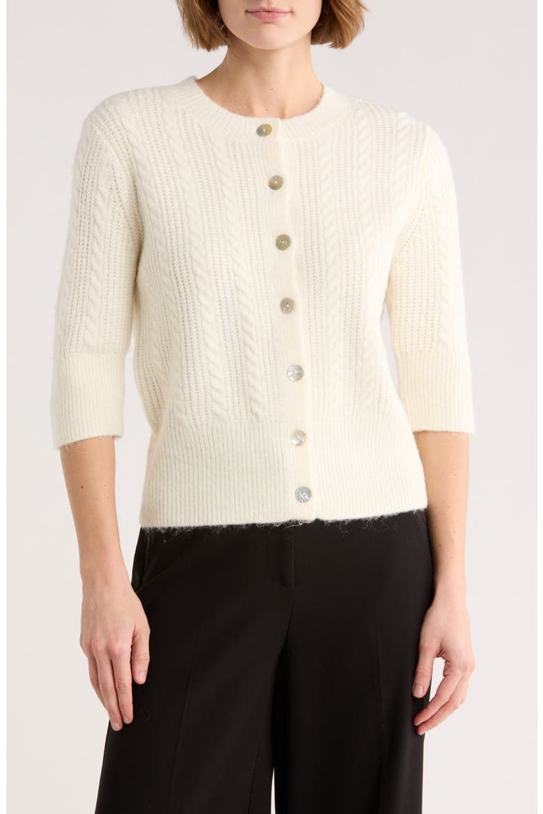 Short Sleeve Cable Stitch Cardigan, Main, color, SCONE WHITE