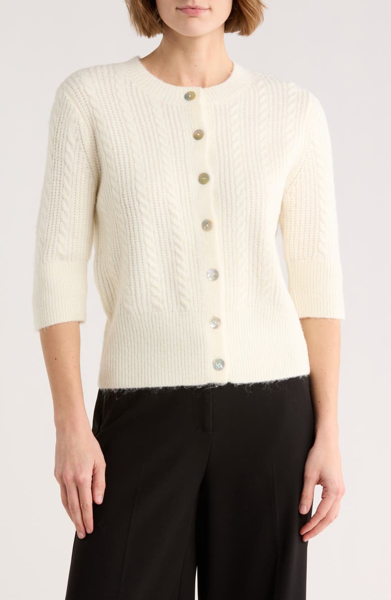 Sanctuary Short Sleeve Cable Stitch Cardigan, Main, color, Scone White