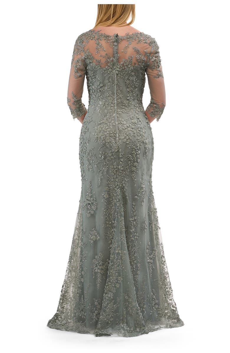 La Femme Unique Lace Gown with Square Neckline and Illusion Sleeves, Alternate, color, Dusty Sage
