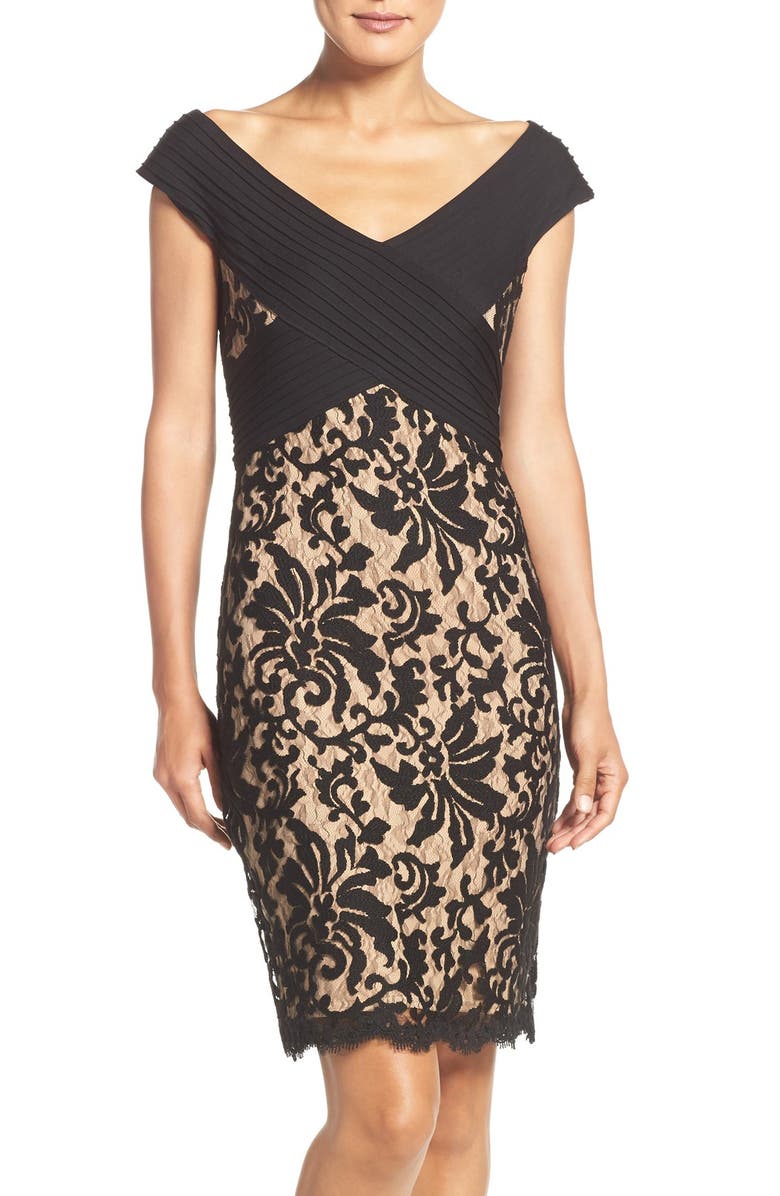 Tadashi Shoji Off the Shoulder Mixed Media Sheath Dress, Main, color,