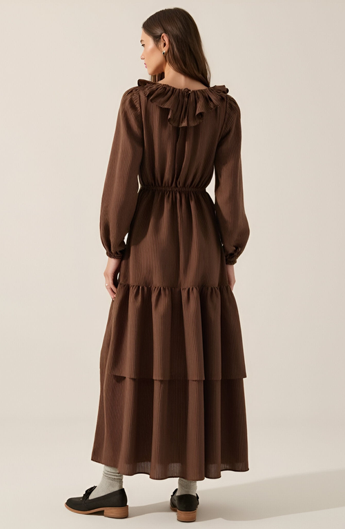 Modenaire Textured Stripe Maxi Dress With V-neck Flounce Ruffle, Bubble Sleeves And Side Slit In Brown