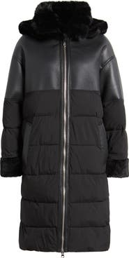 Sam Edelman Mixed Media Faux Shearling Puffer Coat with Removable Hood