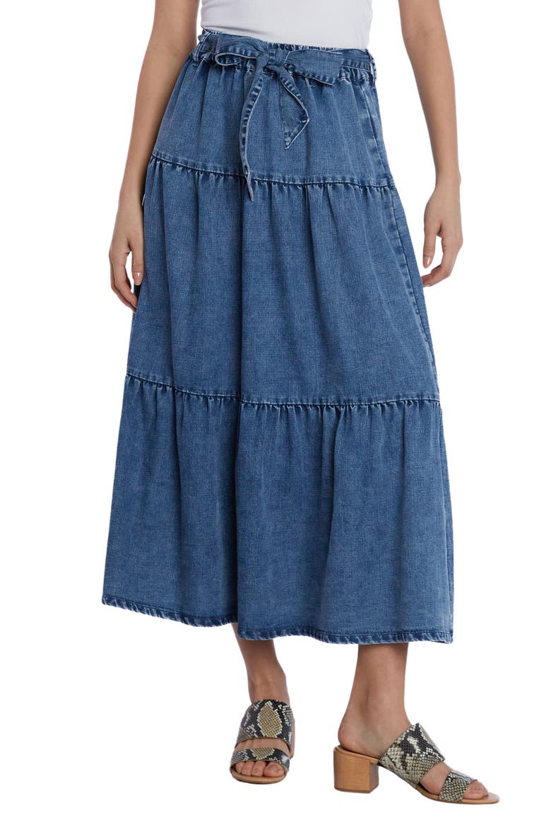 Tiered Tie Belt Denim Maxi Skirt, Main, color, HILO BLUE