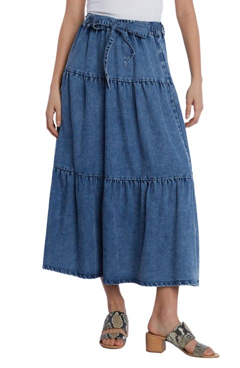 Tiered Tie Belt Denim Maxi Skirt