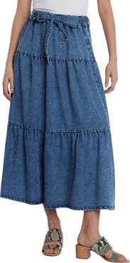 Wash Lab Denim Tiered Tie Belt Denim Maxi Skirt | Nordstrom