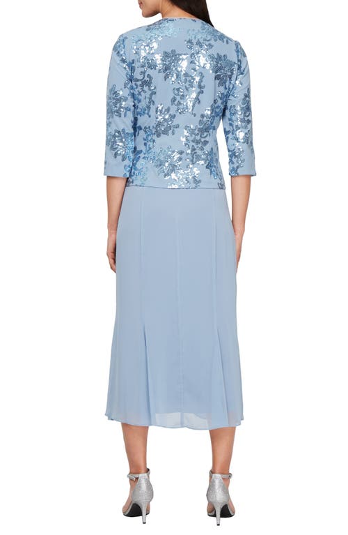 Alex Evenings Sequin Floral Stretch Crepe Cocktail Dress & Jacket In Dusty Blue