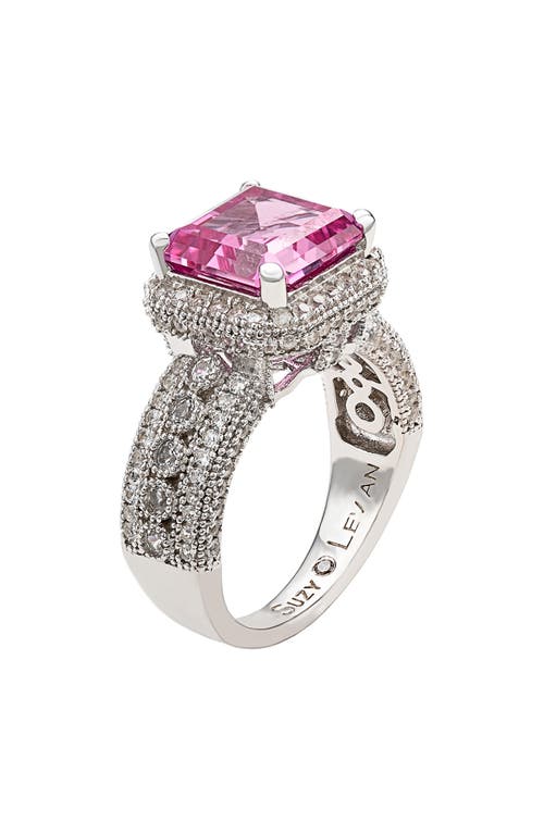 Suzy Levian Diamonds Sterling Silver Emerald Cut Pink & Pavé White Sapphire Ring In Pink