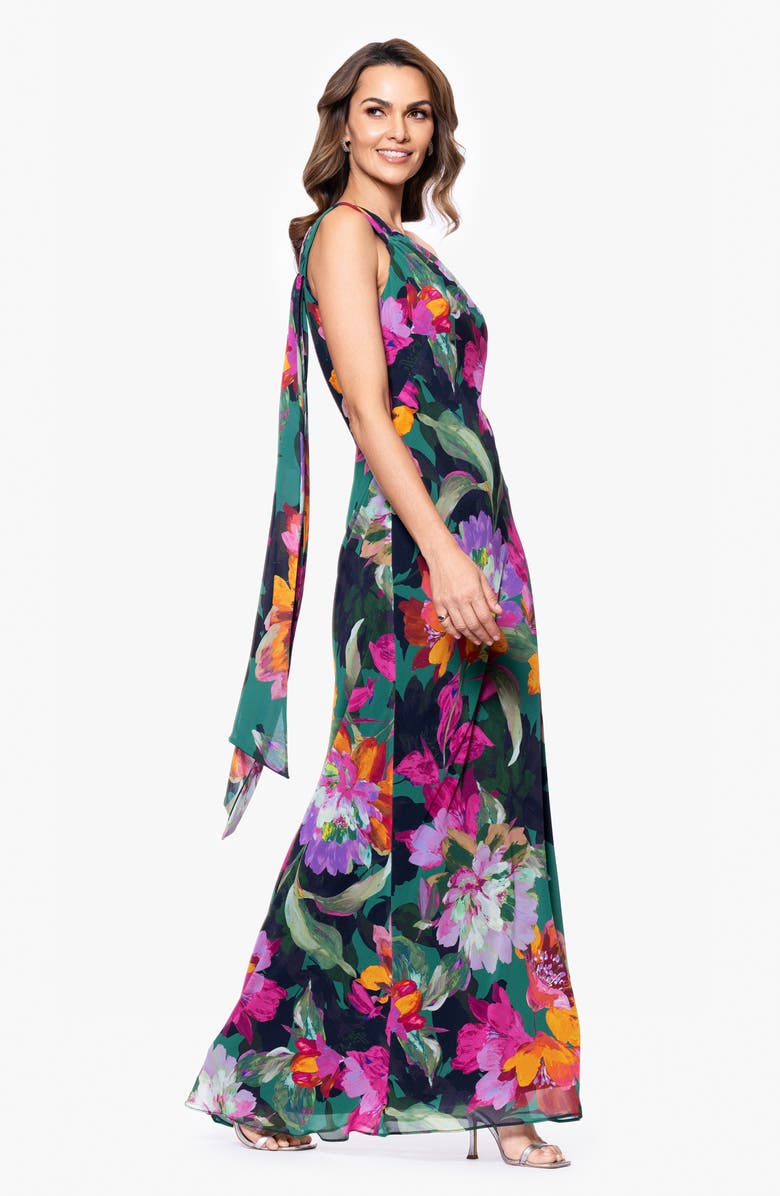 Xscape Evenings Floral One-Shoulder Chiffon Gown, Alternate, color, Green/ Multi