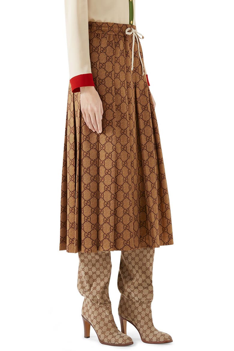 GG Print Pleated Midi Skirt, Alternate, color, VINTAGE CAMEL