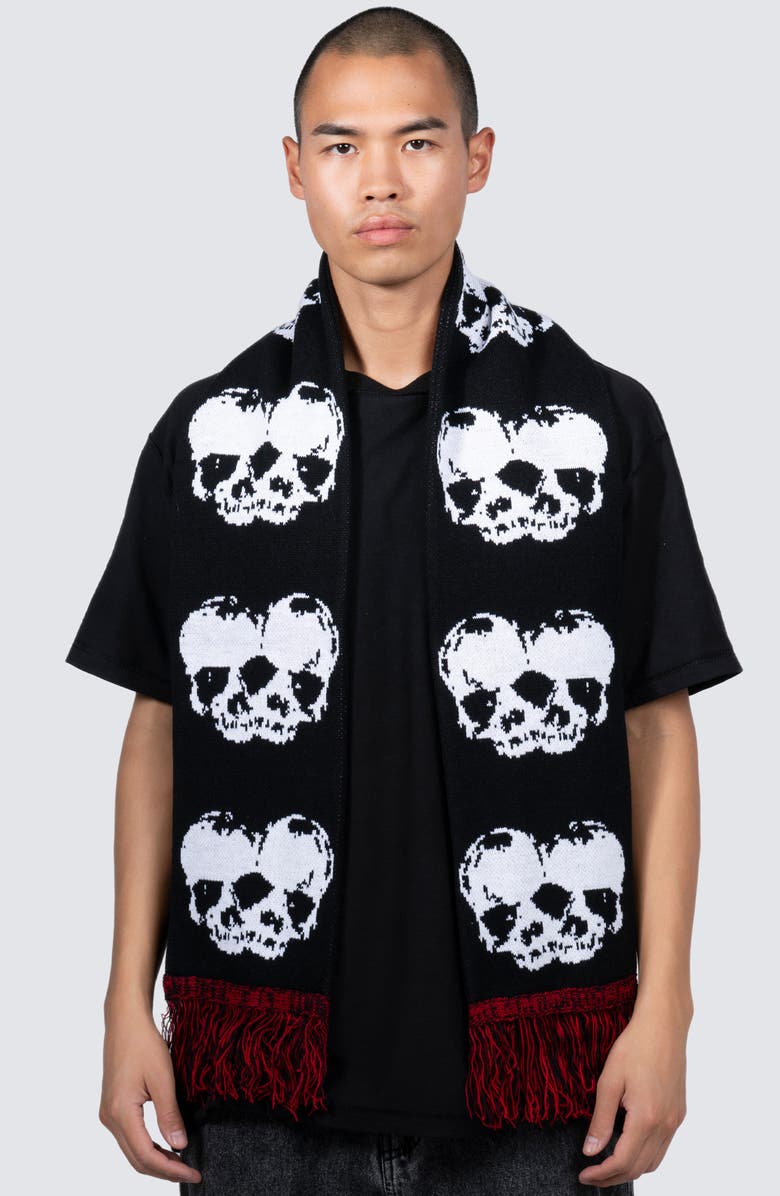 PLEASURES Skull Graphic Fringed Scarf, Alternate, color, Black