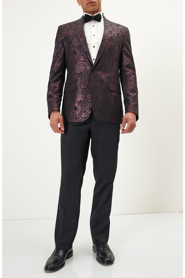 Metallic Paisley Pattern Tuxedo Jacket, Main, color, BURGUNDY