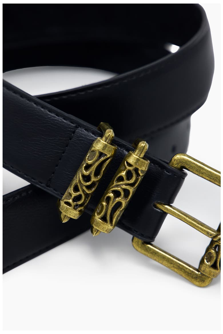 Engraved Leather Roller Buckle Belt, Alternate, color, BLACK