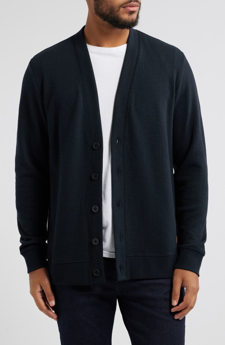 TravisMathew Pristine Shore Waffle Cardigan, Main, color, Black