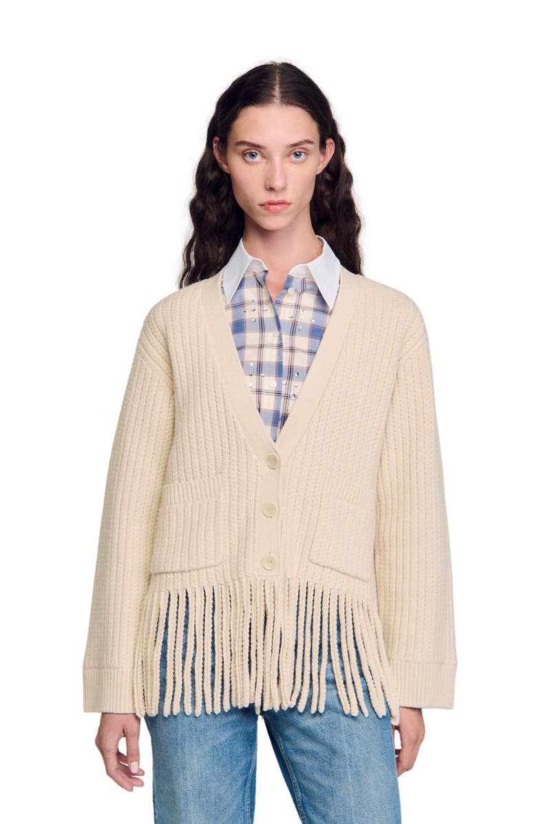 SANDRO Fringed knit cardigan, Alternate, color,