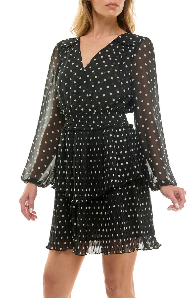 Socialite Long Sleeve Tiered Chiffon Minidress, Alternate, color, Black/ Ivory Micro Dot