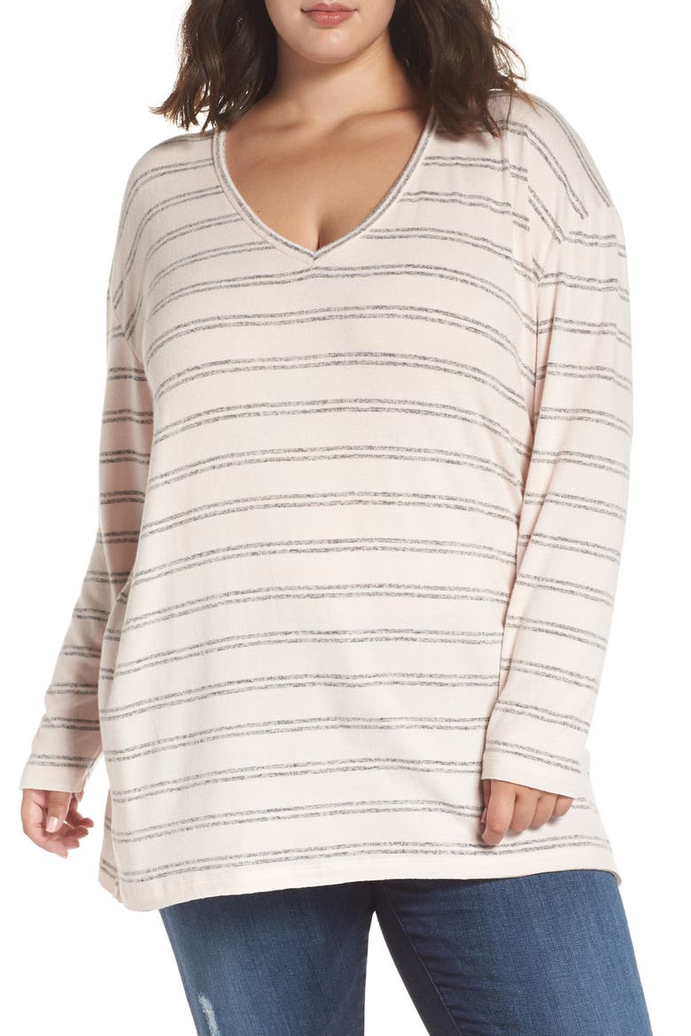 Cozy V-Neck Sweater, Alternate, color, PINK AMOUR KORA STRIPE
