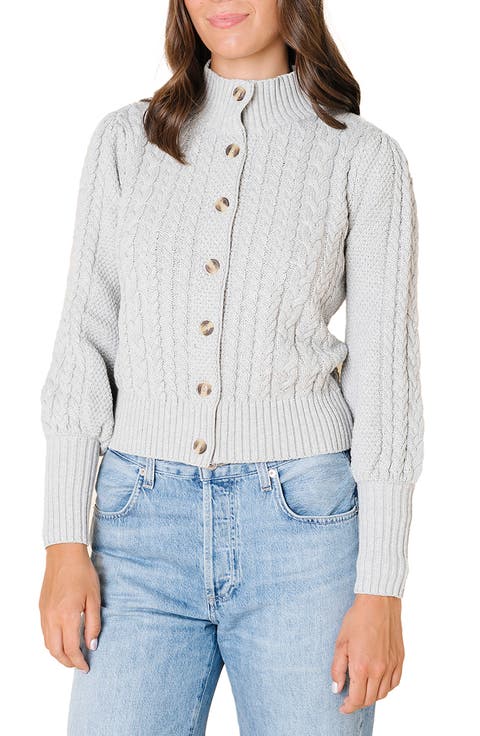 Organic Mock Neck Cable Cardigan Sweater