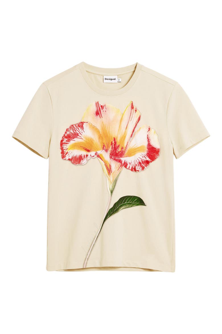 Embroidered Pansy Cotton Graphic T-Shirt, Alternate, color, LIGHT BEIGE