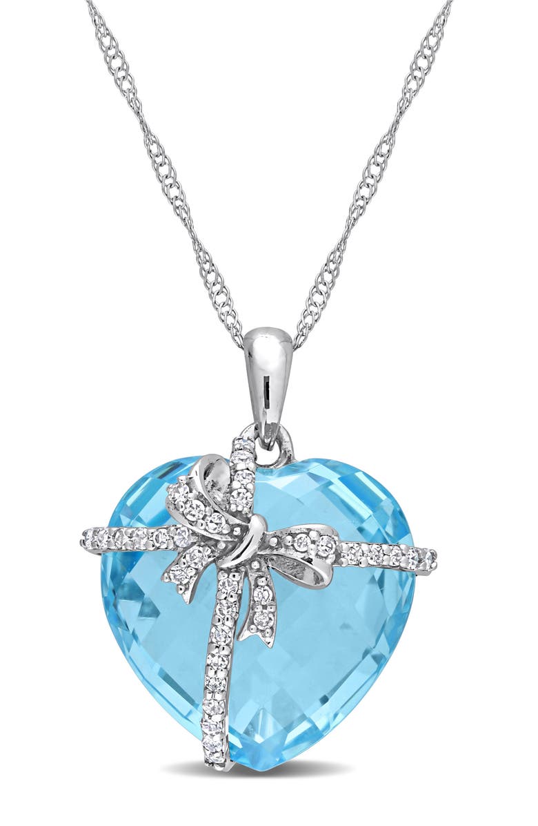 DELMAR Sky Blue Topaz & Diamond Bow Pendant Necklace, Main, color,