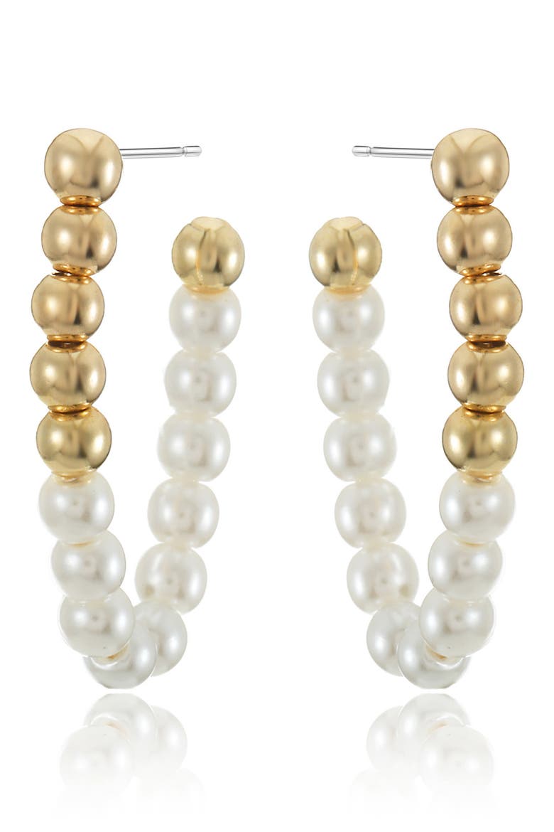 Metallic Beaded Faux Pearl Hoop Earrings, Alternate, color, GOLD