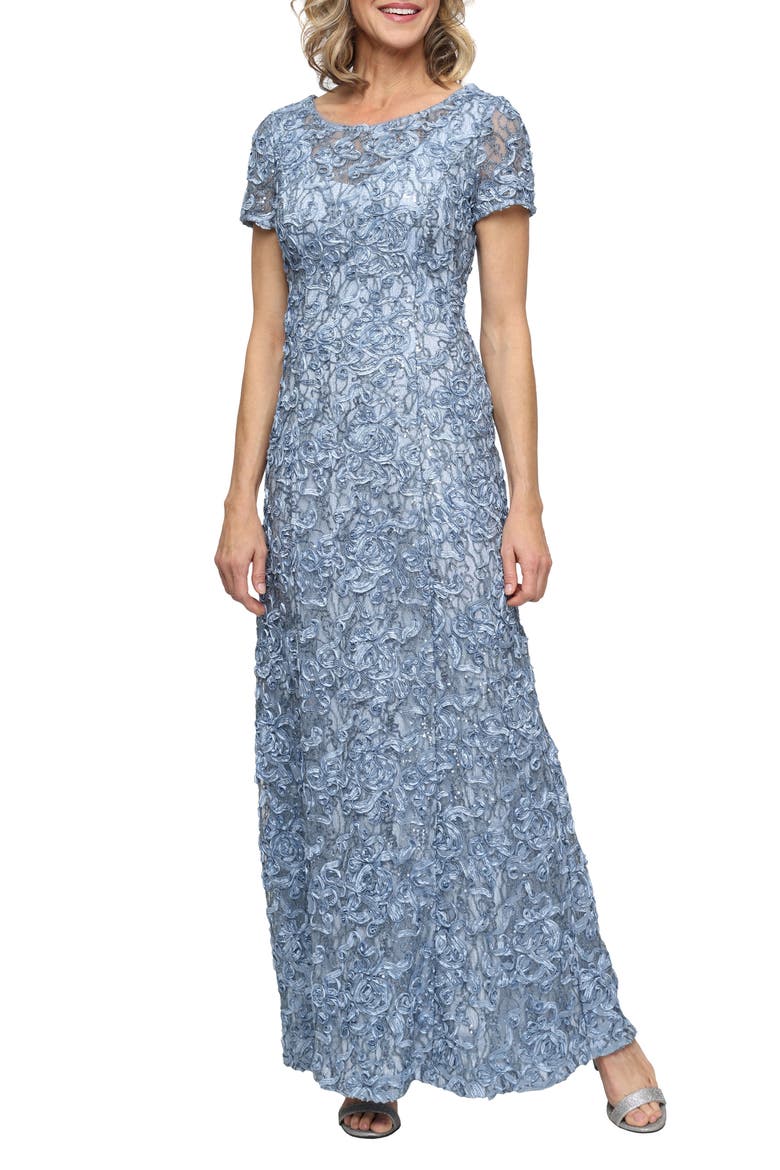 Sequin Soutache Short Sleeve A-Line Gown, Main, color, SKYBLUE