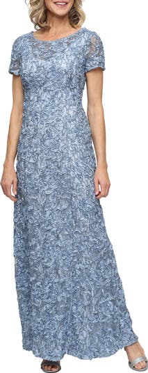casual evening wedding guest dresses Alex Evenings Sleeveless Soutache Lace Gown with V-Neckline PERIWINKLE / 8