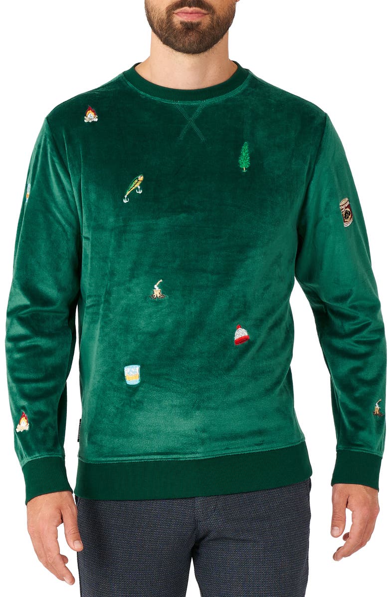 OppoSuits Christmas Icons Embroidered Velour Crewneck Sweatshirt, Main, color,