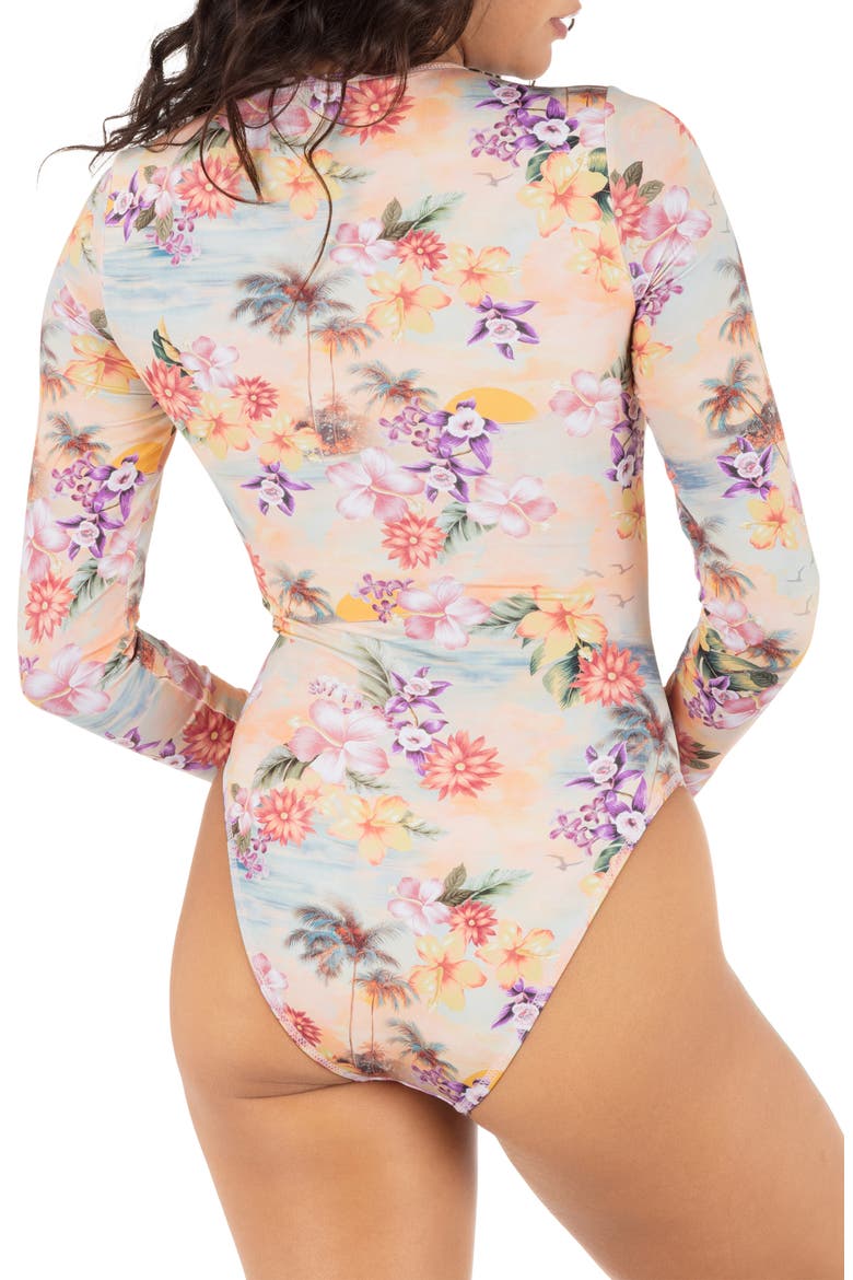 Scenic Sunset Long Sleeve Zip One-Piece Swimsuit, Alternate, color, SHELL PINK MULTI